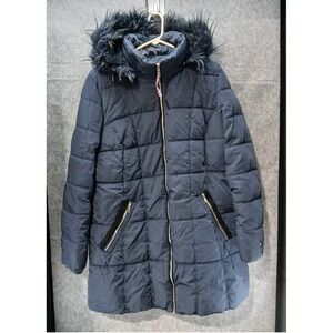 Tommy Hilfiger Quilted Puffer‎ Coat with Faux Fur Hood Women's Size XL Navy Blue